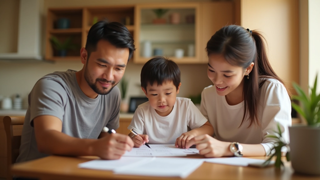 Family sitting together at home planning their finances with documents and a laptop