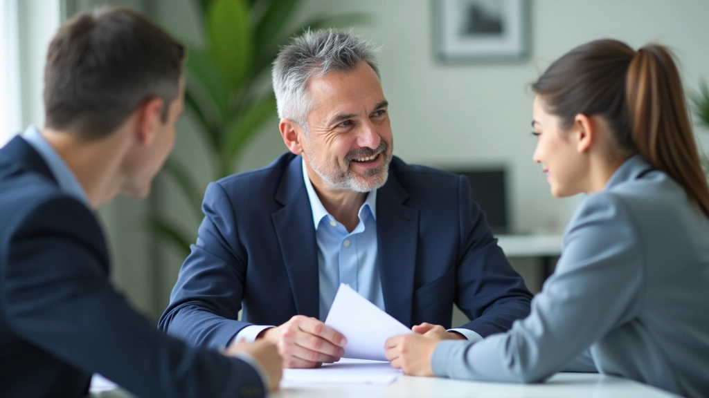 Professional meeting between insurance advisor and family reviewing policy documents at wooden desk with coffee cups