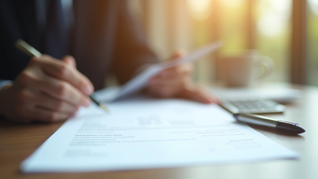 Close-up of insurance documents and policy papers spread on a wooden desk with a pen and calculator