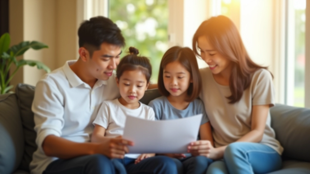 Malaysian family sitting together on a comfortable sofa in a bright living room, discussing documents