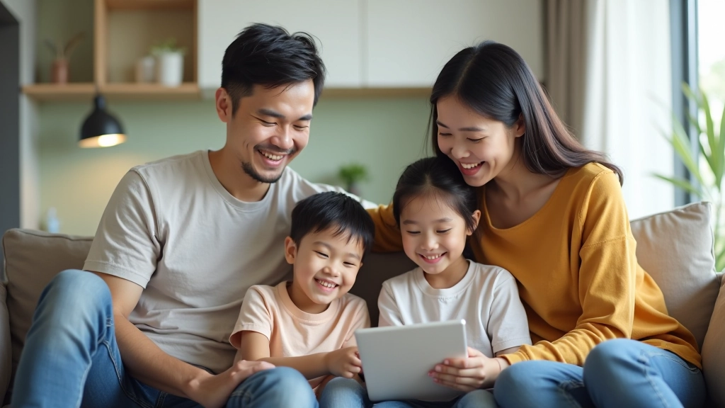 Malaysian family of four sitting together on living room sofa, smiling, reviewing documents together