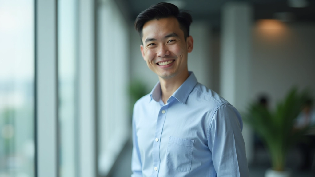 Professional man aged 28-35 in smart casual clothing, standing confidently with warm smile in bright environment