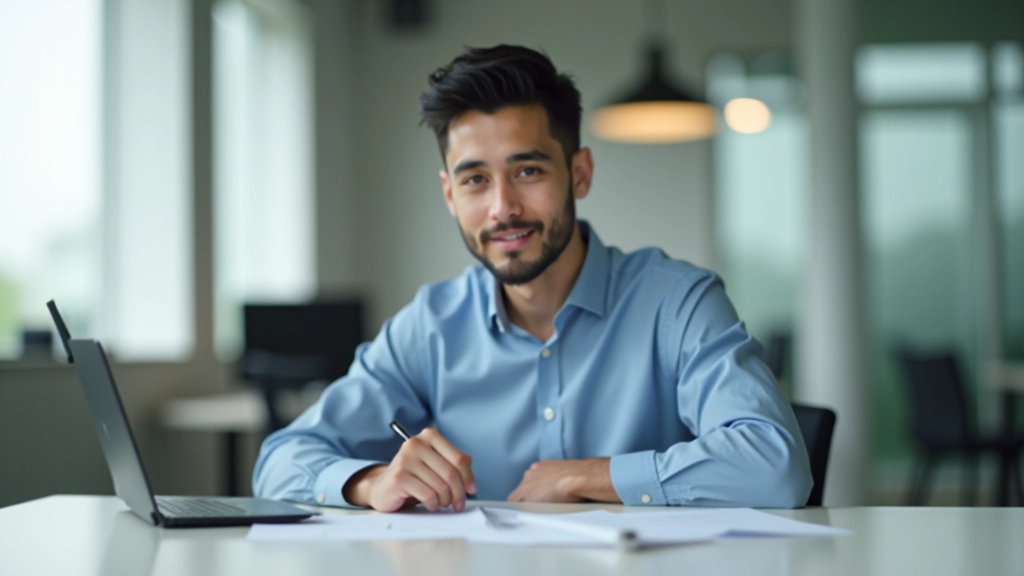Malaysian professional reviewing insurance documents at a modern office desk with laptop and notepad