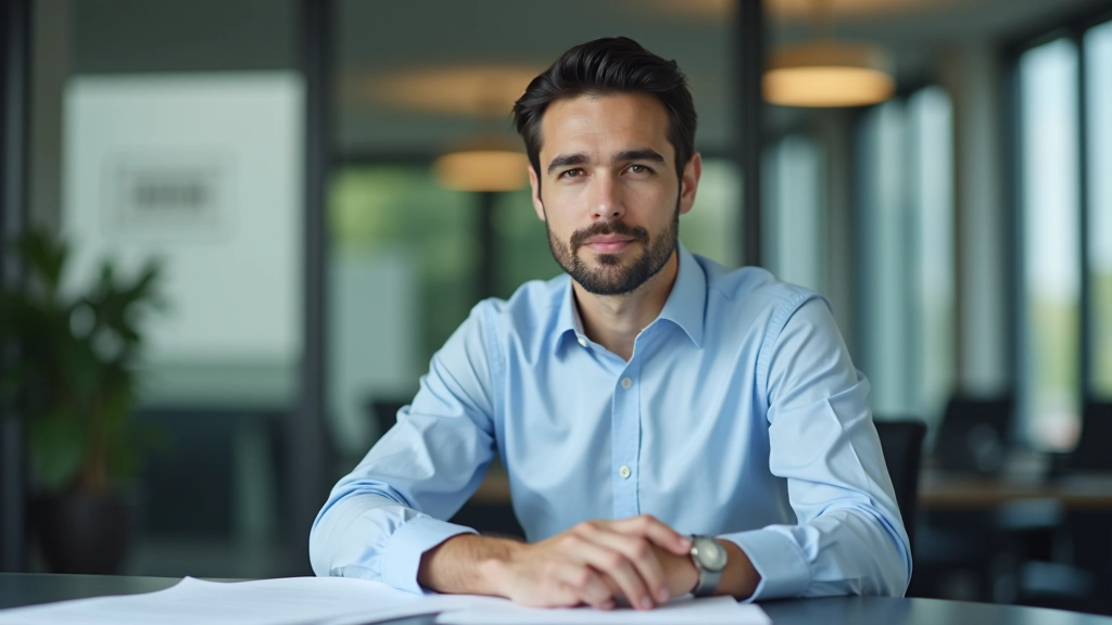 Man in business casual clothing sitting at desk reviewing financial documents and notes with focused expression