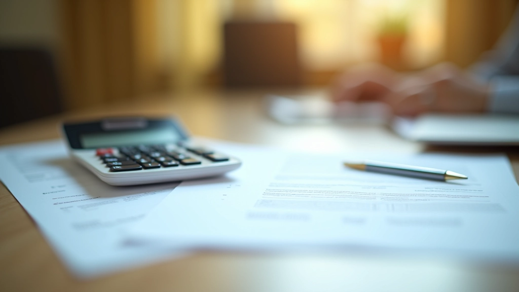 Close-up of medical insurance documents and a calculator on wooden desk with pen and glasses, warm office lighting, shallow depth of field, blurred background, NO text, NO watermarks