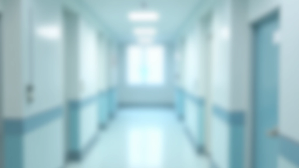 Modern hospital corridor with clean white walls, professional signage, and professional lighting, medical facility interior, blurred background, NO text, NO watermarks