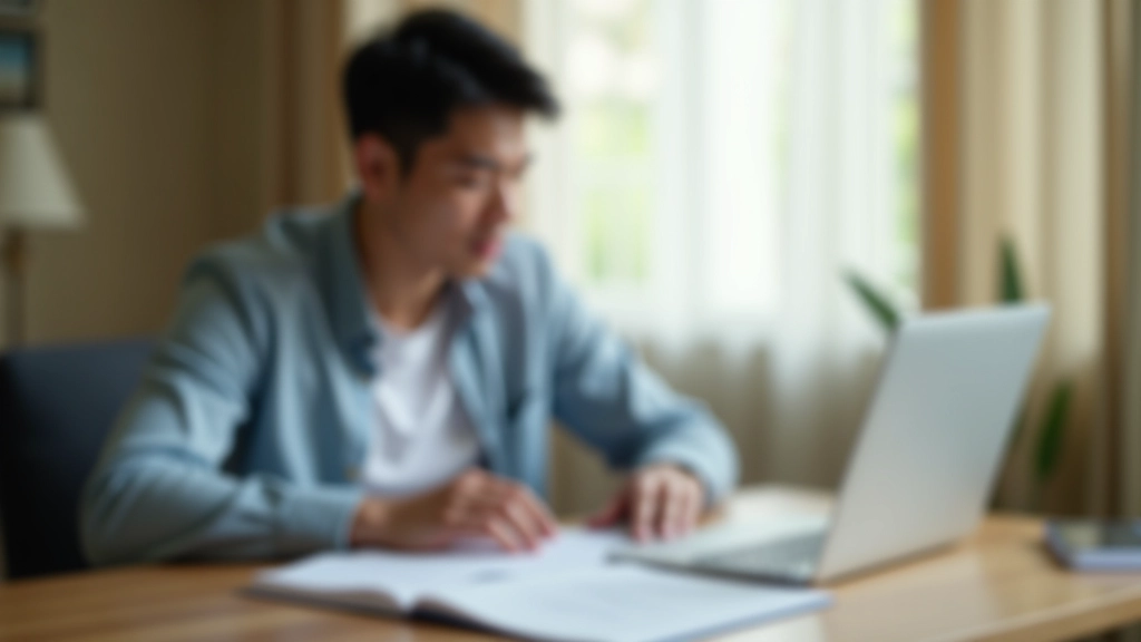 Person reviewing insurance documents at home with laptop, calculator, and notes spread on table