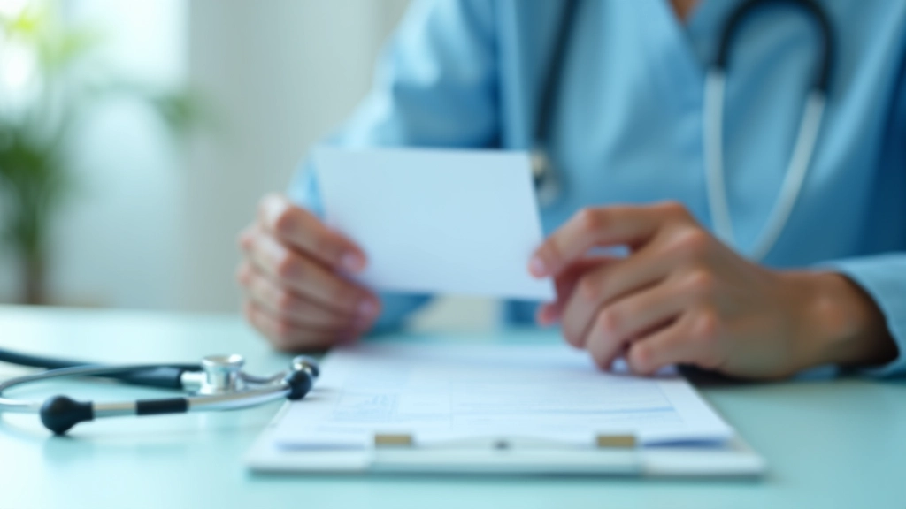 Close-up of medical insurance card being held with a stethoscope and clipboard in background at a clinic