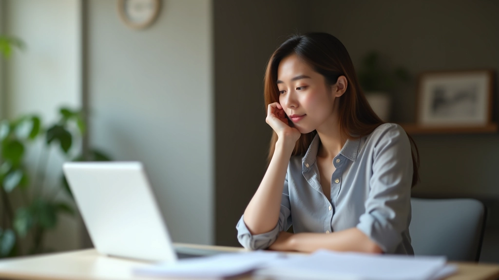 Woman reviewing insurance policy documents at home office desk, laptop open, taking notes on paper