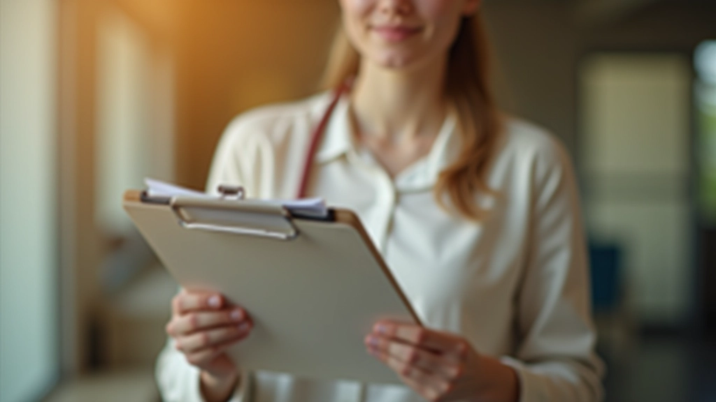 Professional photo of realistic woman aged 35, fully clothed in casual light clothing, holding a medical card and clipboard, warm clinic interior with soft natural lighting, blurred background, NO text, NO watermarks