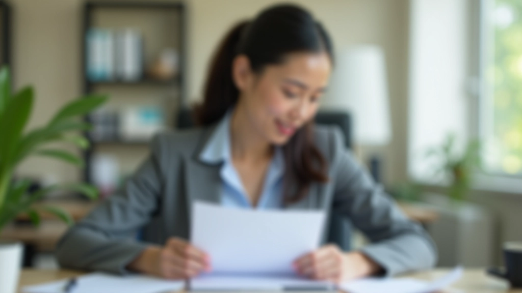 Professional woman in her 40s looking thoughtful while reviewing healthcare documents at a wooden desk